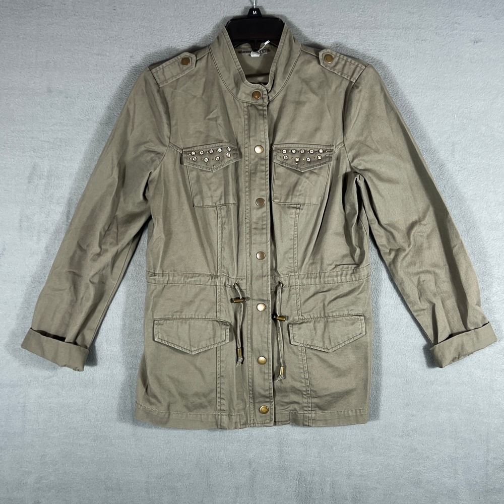 Roz & Ali Womens Utility Jacket Size S Olive Green Military Studded Long Sleeve